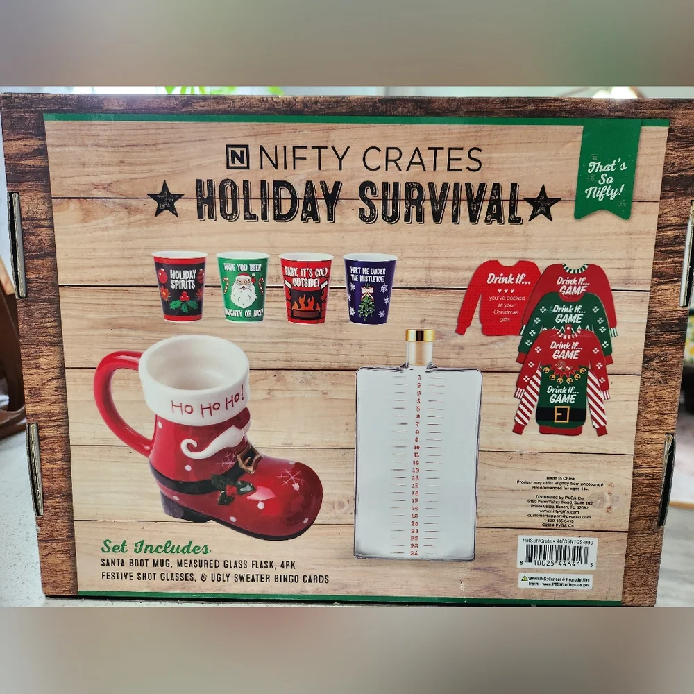 NIFTY CRATES HOLIDAY SURVIVAL KIT FLASK, CUPS, CARDS, LARGE BOOT MUG, ETC. NIB